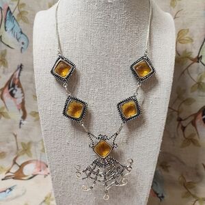 Wire Wrapped Silver Tone Pineapple Cut Stone? Crystal? Glass? Artisan Necklace